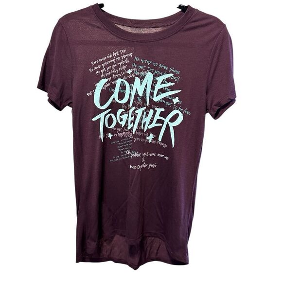 NWT Beatles Juniors/Teens Maroon Graphic Tee Shirt Come Together Song Lyrics - M - Picture 2 of 6